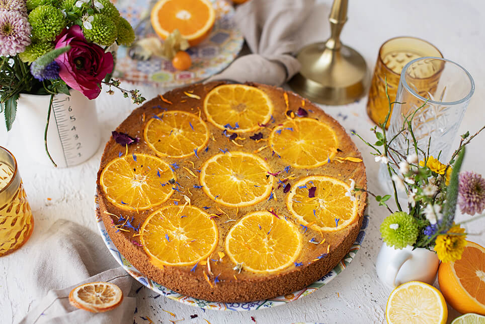 Orangen Pistazien Upside Down Kuchen mit Rooibos Limeade